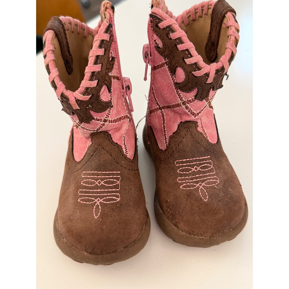 Roper Infant Girls Pink Brown Western Cowboy Boots Size 4 Side Zip Stitching